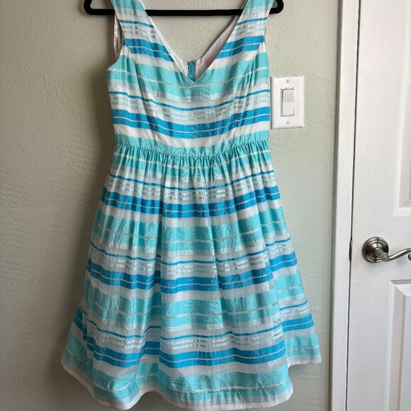 Lilly Pulitzer Silk Fit & Flare Dress 10 Blue White Striped V-Neck Cotton Lined - Picture 2 of 11